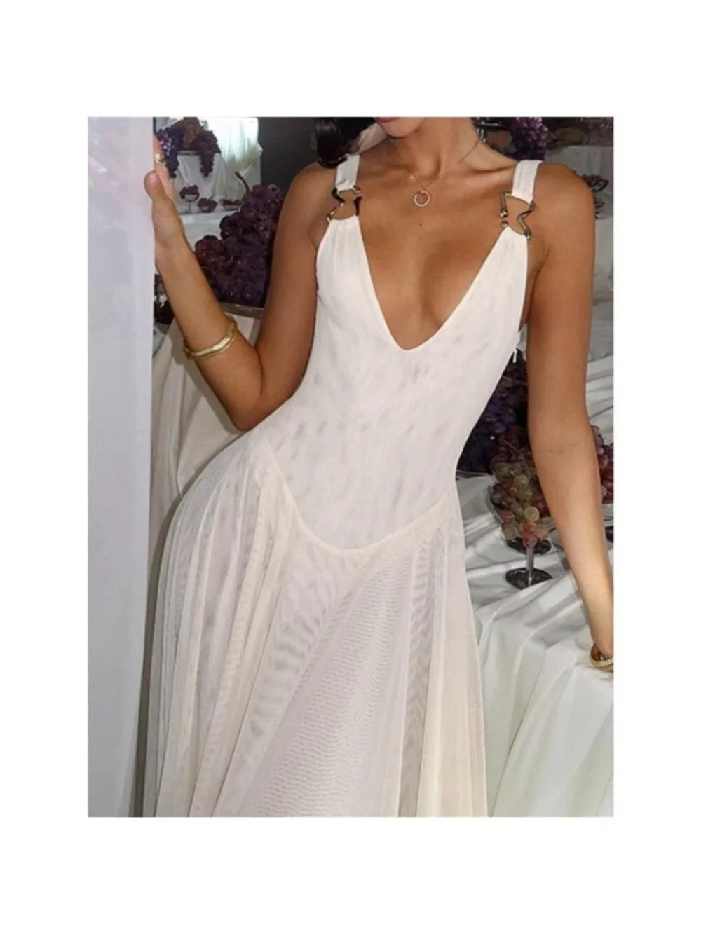Sleeveless Sheer Maxi Dress with Gold Hardware Detail - Picture 4 of 12